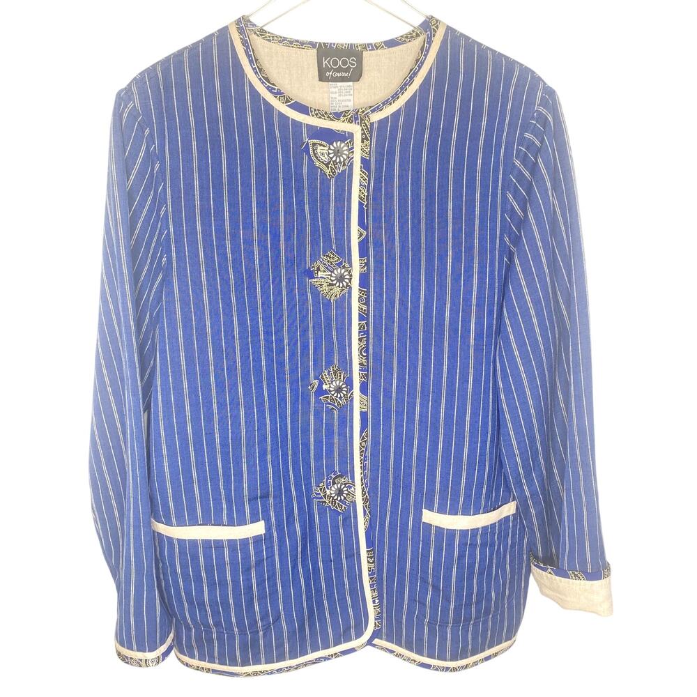 Koos of Course Reversible Blue Pinstripe and Cream 4 button Linen Jacket Size Lg